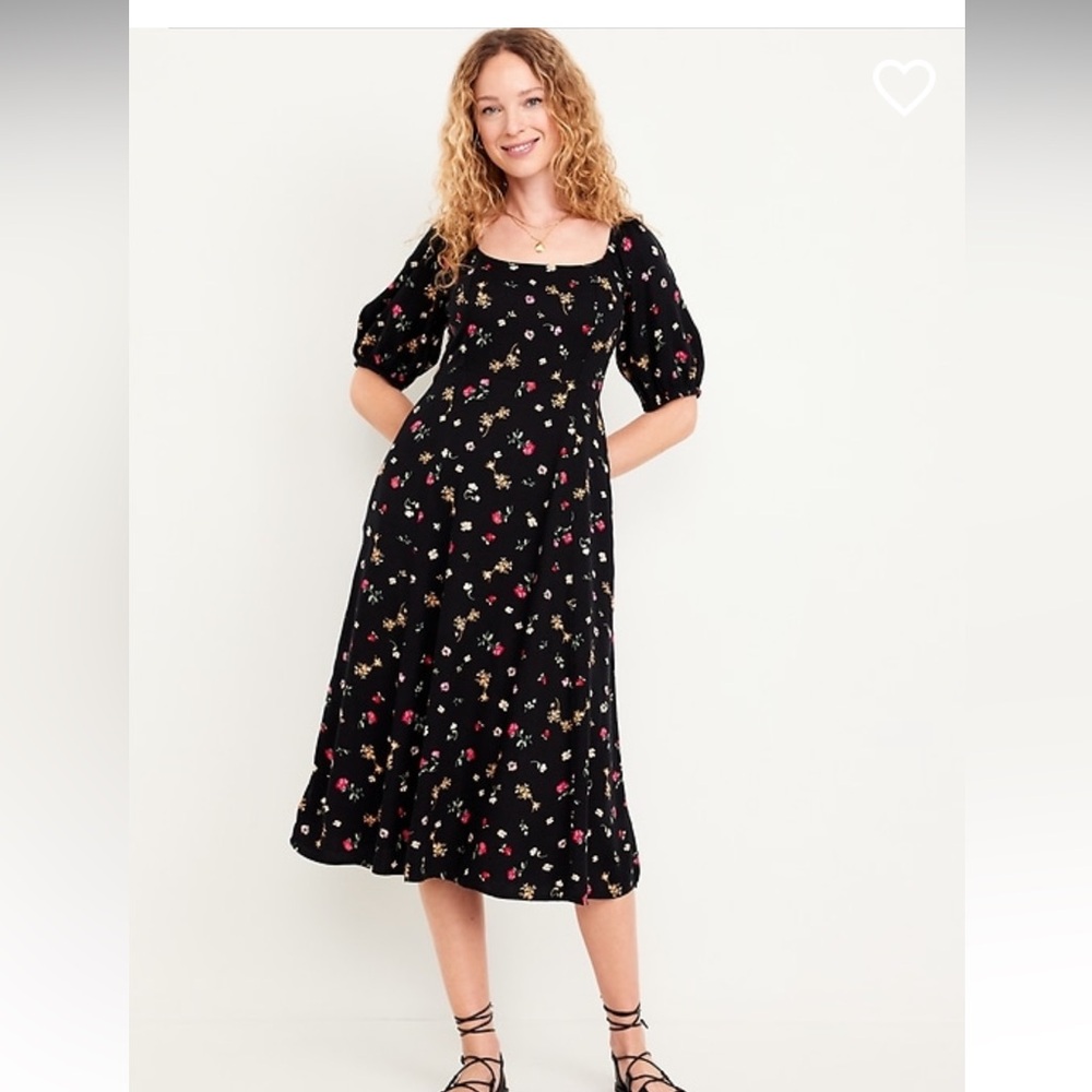 Seeking old navy fit flare crepe midi dress medium black floral puff sleeve